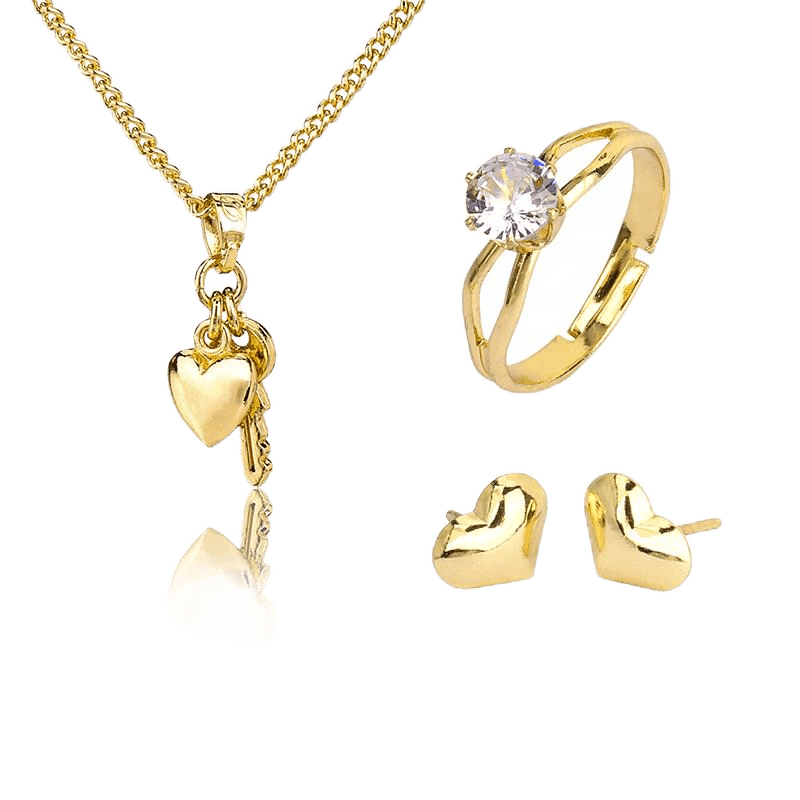 18K High Quality Gold Plated Love Heart Jewelry Set Ring, Earrings, Necklace